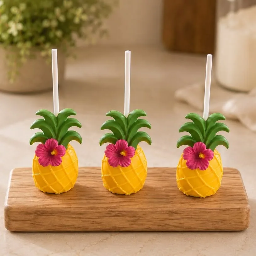 Three pineapple shaped cake pops with pink hibiscus flowers on a wooden stand