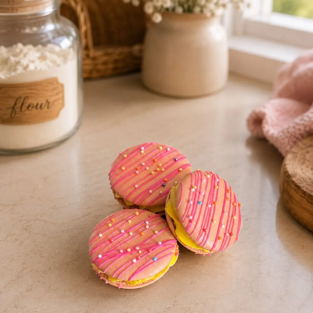 Pink and yellow macarons finished with pink drizzle and pastel sprinkles